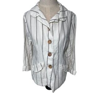 Modaspia White Linen Striped Blazer Jacket Small
